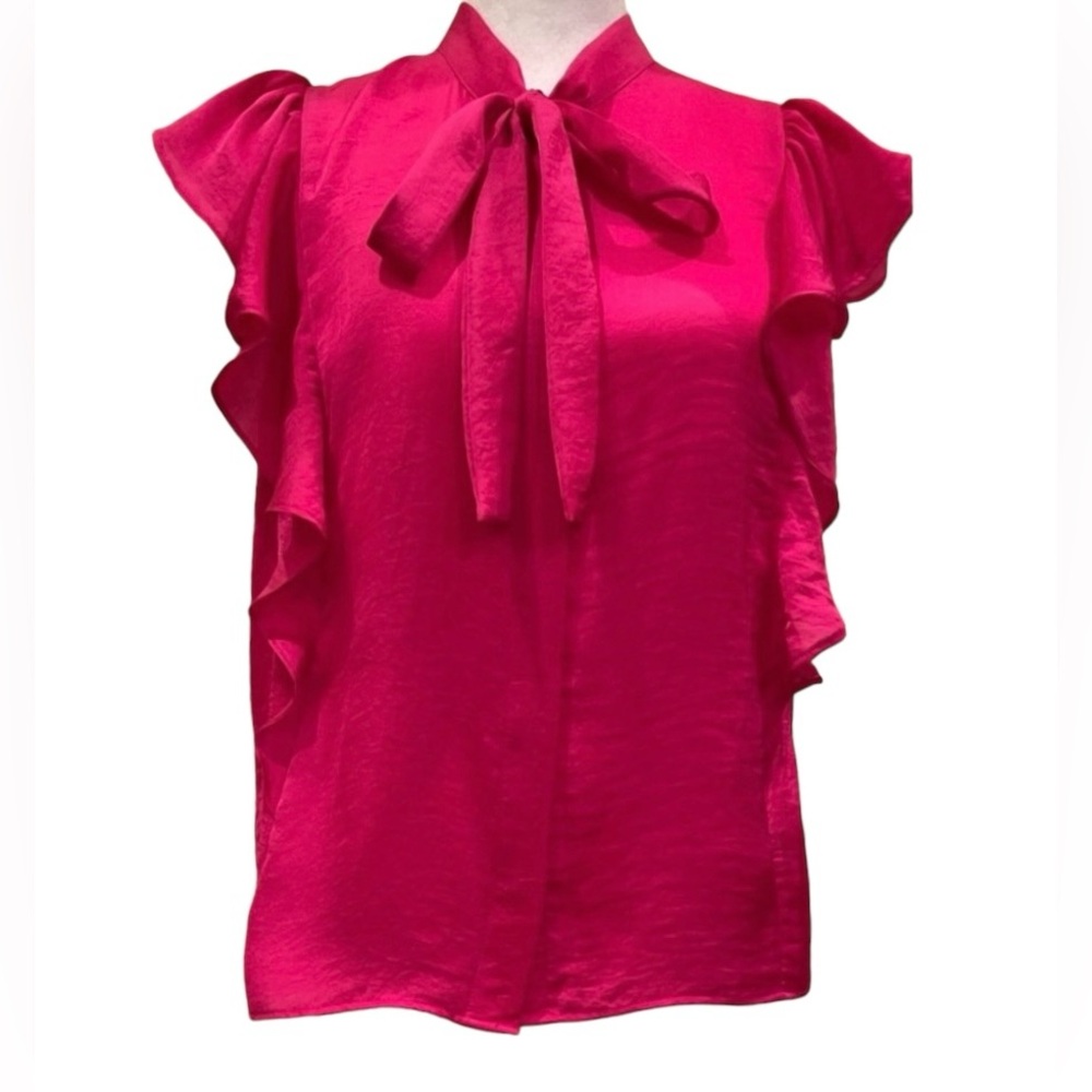 NWOT Ann Taylor Hot Pink Ruffle Tie Neck Top. Small Petite